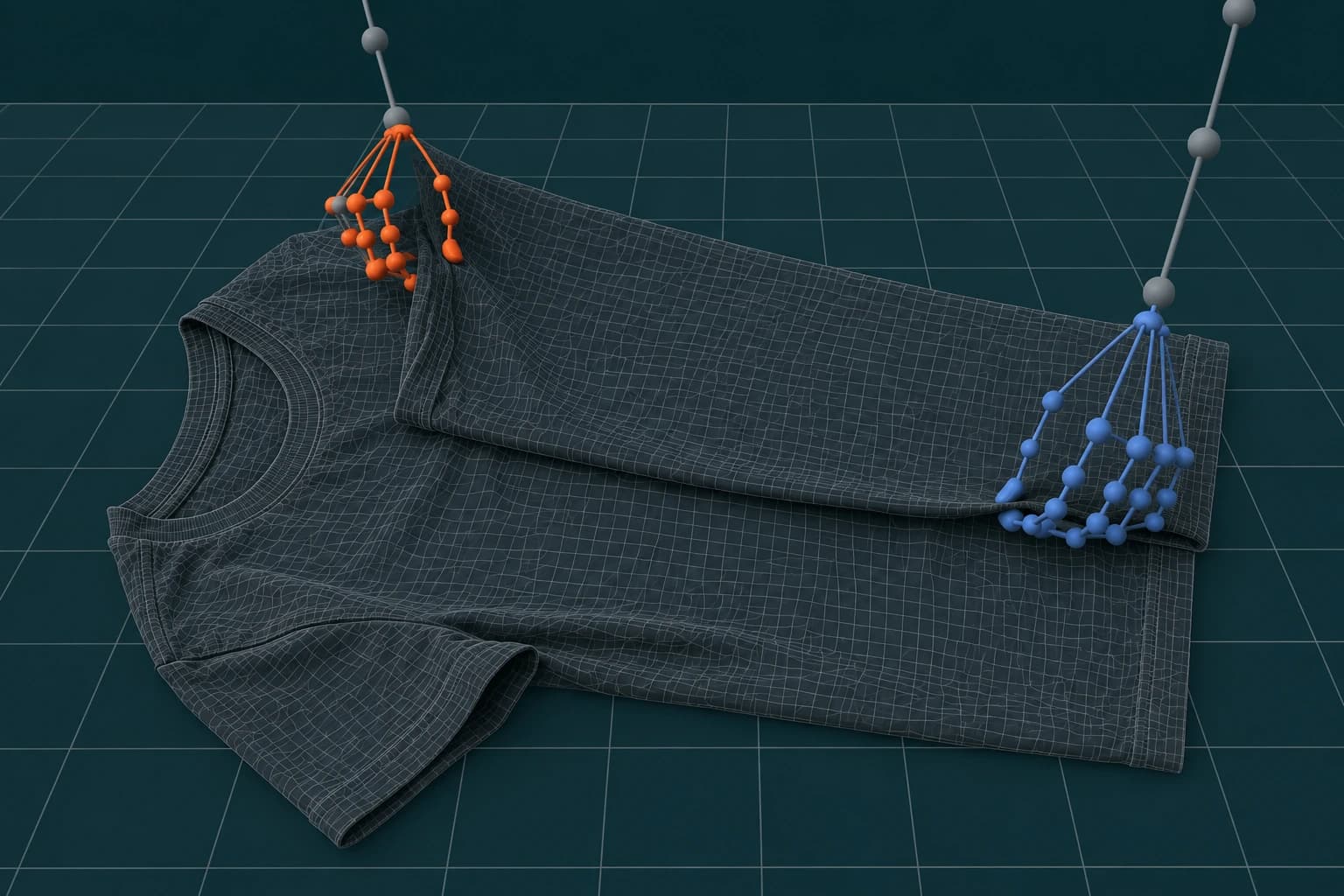 Illustrative tracking view of the same shirt fold, with orange and blue hand keypoints linked across the finger joints.
