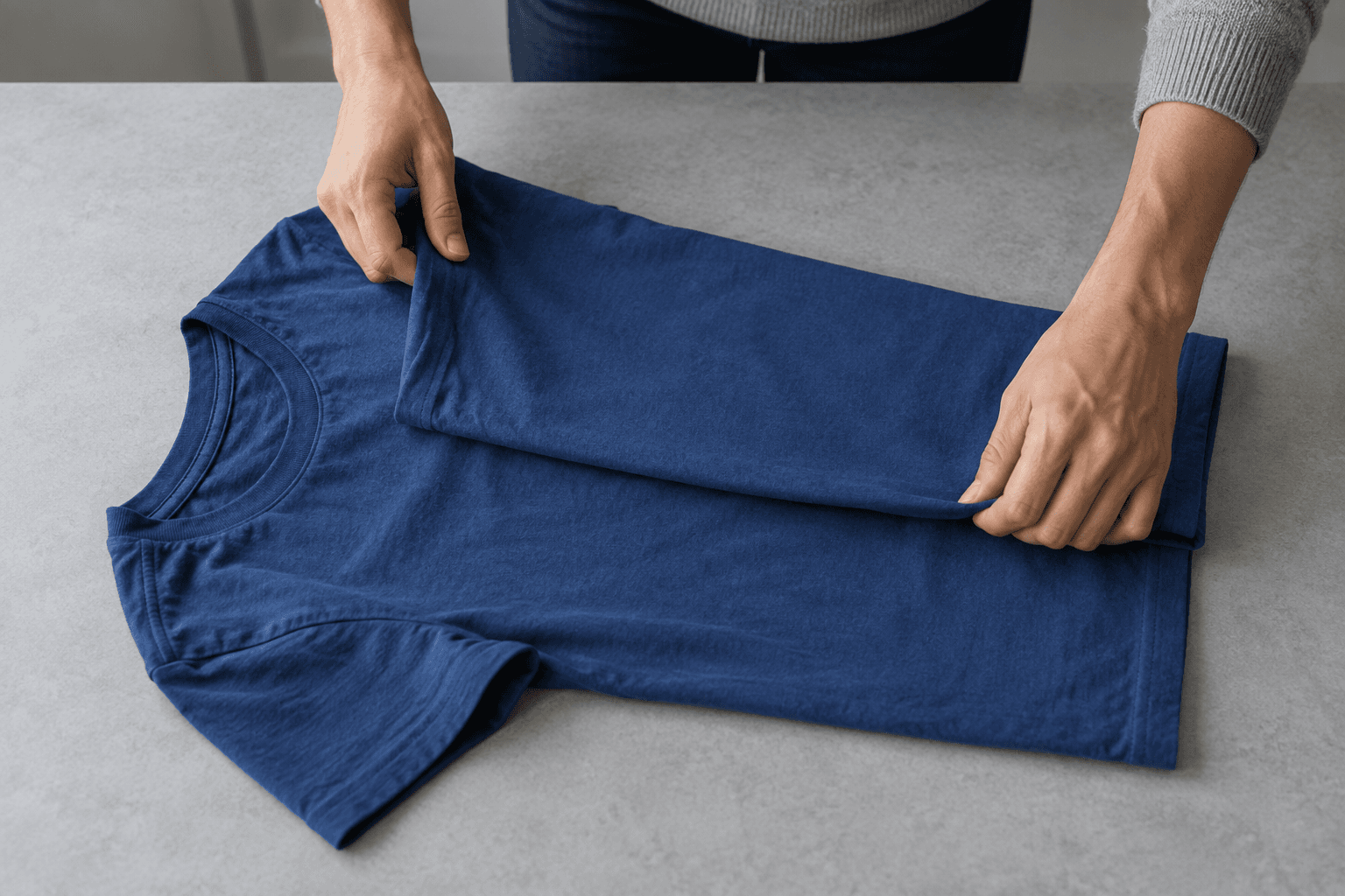 Illustrative photograph of hands folding a blue shirt.