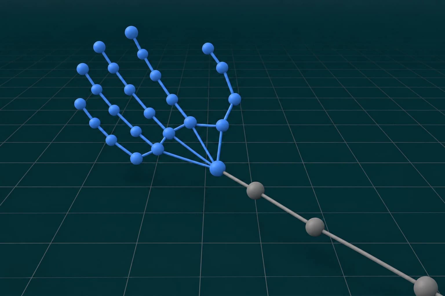 Illustrative tracking view of the same robotic hand, represented by blue joint nodes and connecting lines.