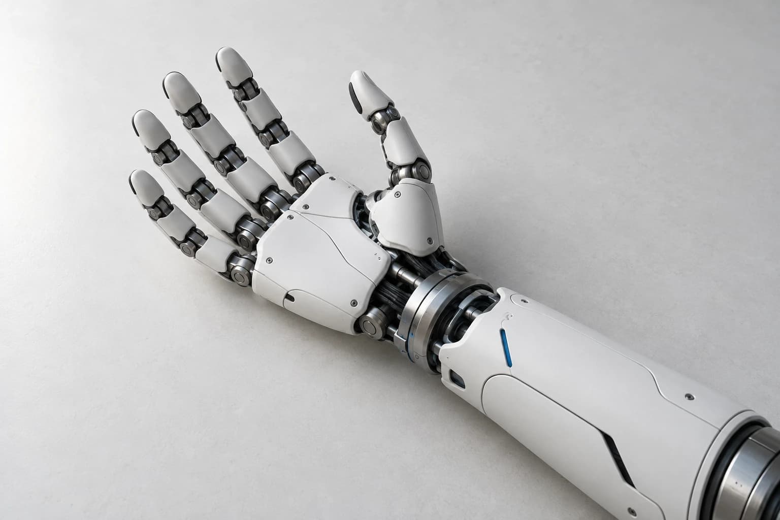 Illustrative photograph of an articulated five-finger robotic hand.